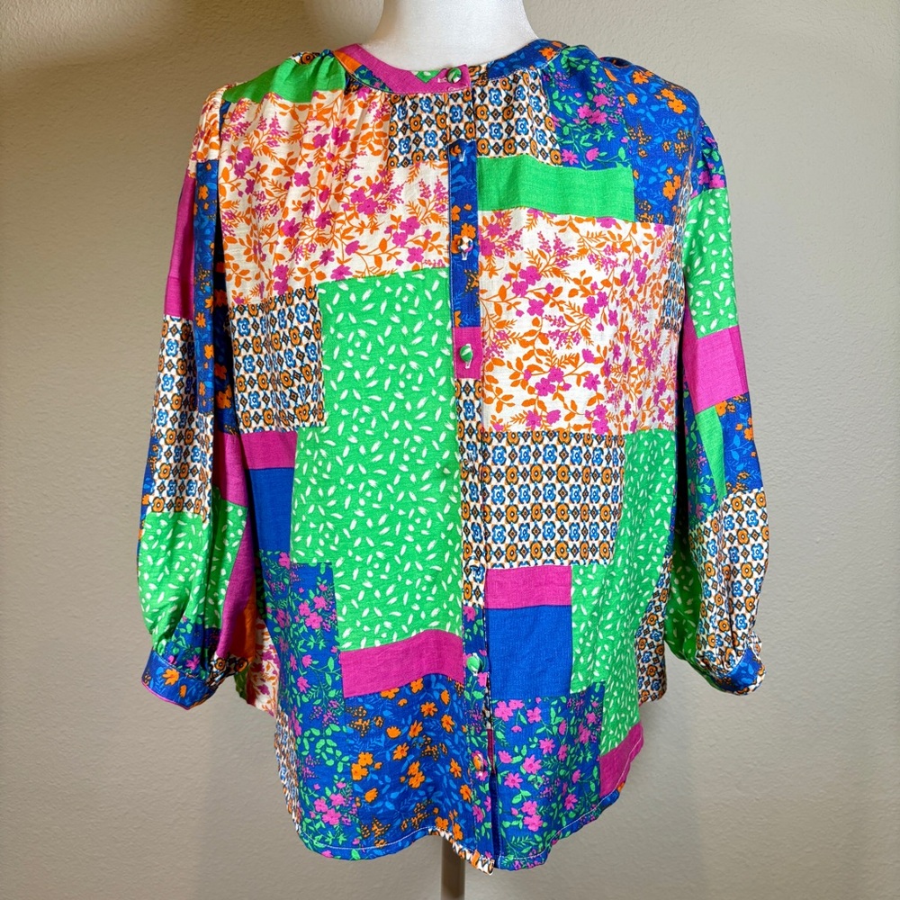 Fate Floral Patchwork Button Down Top Size Small - image 1